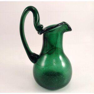Vintage Hand-Blown Emerald Green Glass Pitcher Vase Jug Curved Handle SIGNED